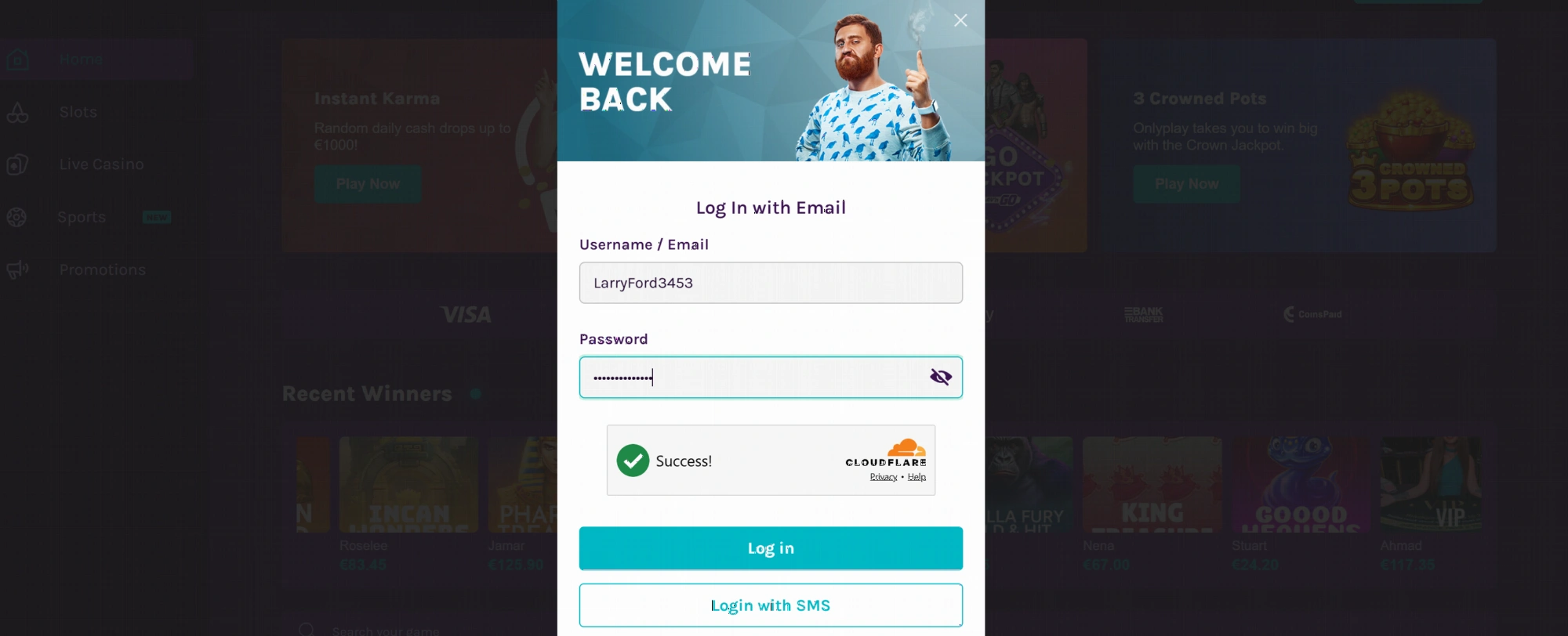 Betti Casino login with email or phone number